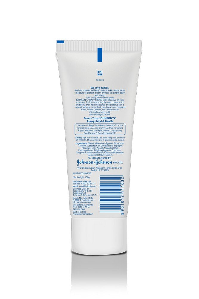 Johnson's Baby Cream packaging back label with expiry and usage notes.