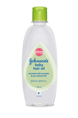 Johnson's Baby Hair Oil avocado bottle demonstrates gentle, non-greasy hydration for baby hair.