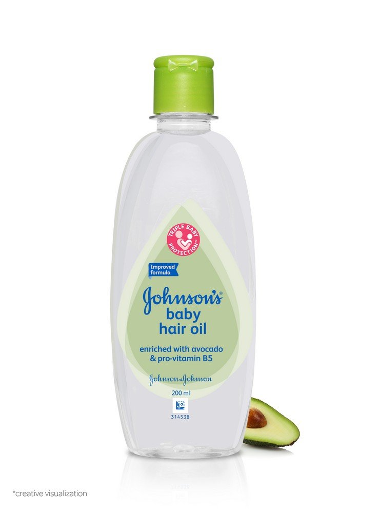 Johnson's Baby Hair Oil avocado-provitamin-b5 highlights nourishing formula with light feel.