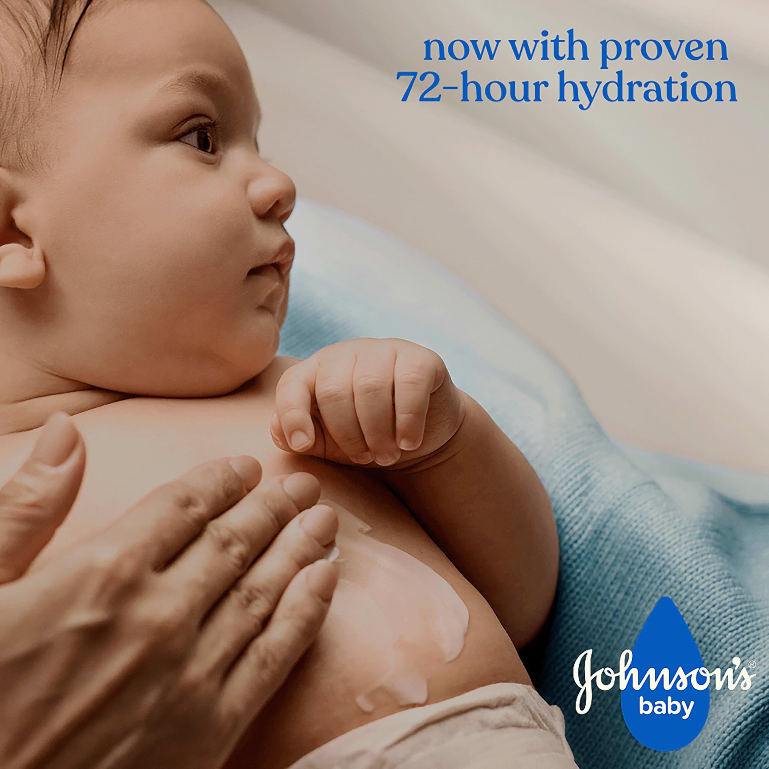 Applying Johnson's Baby Lotion to newborn skin for daily moisture