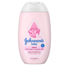 Johnson's Baby Lotion bottle highlighting coconut oil, aloe vera, and 72-hour hydration benefit