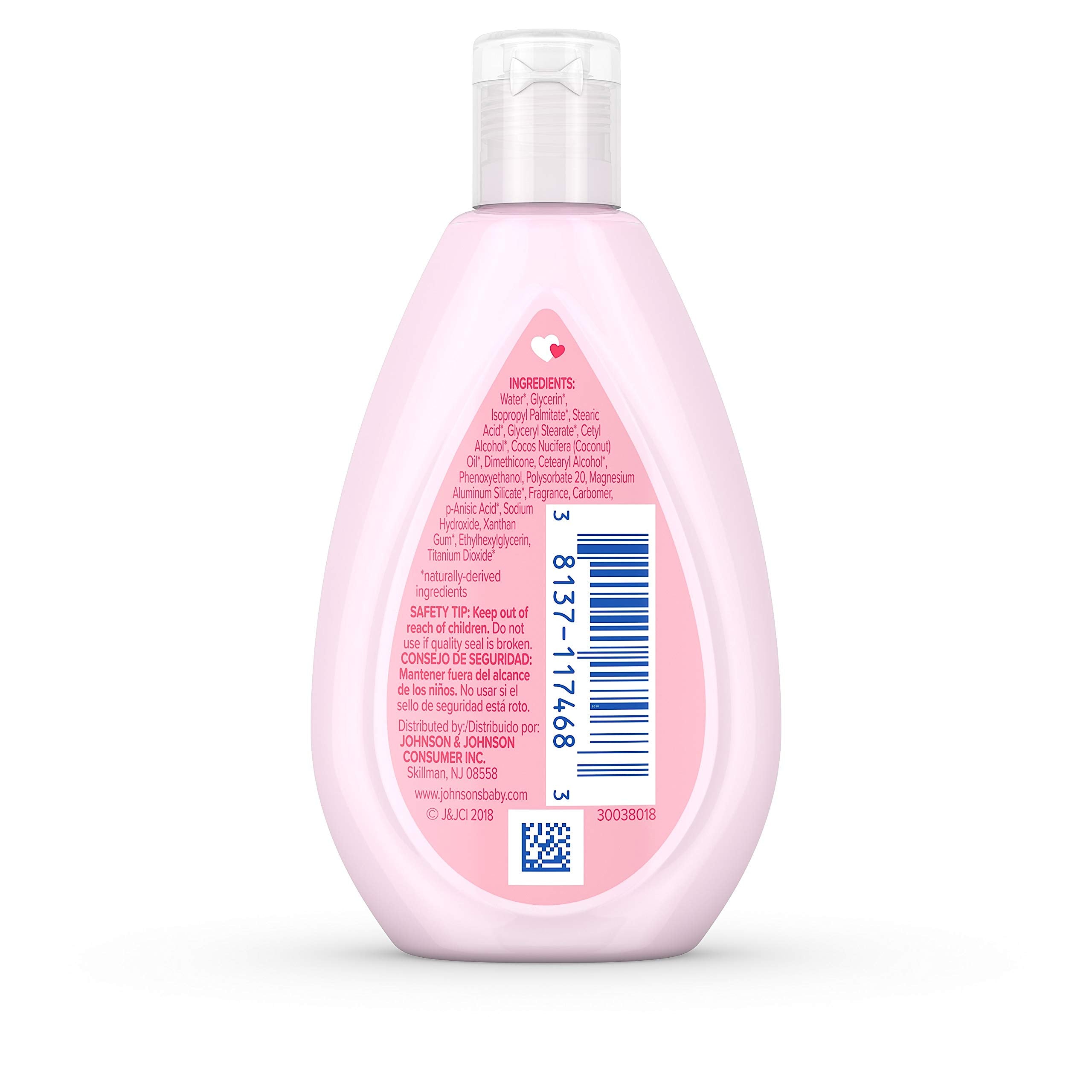 Johnson's Baby Lotion coconut oil bottle back label highlighting ingredients.