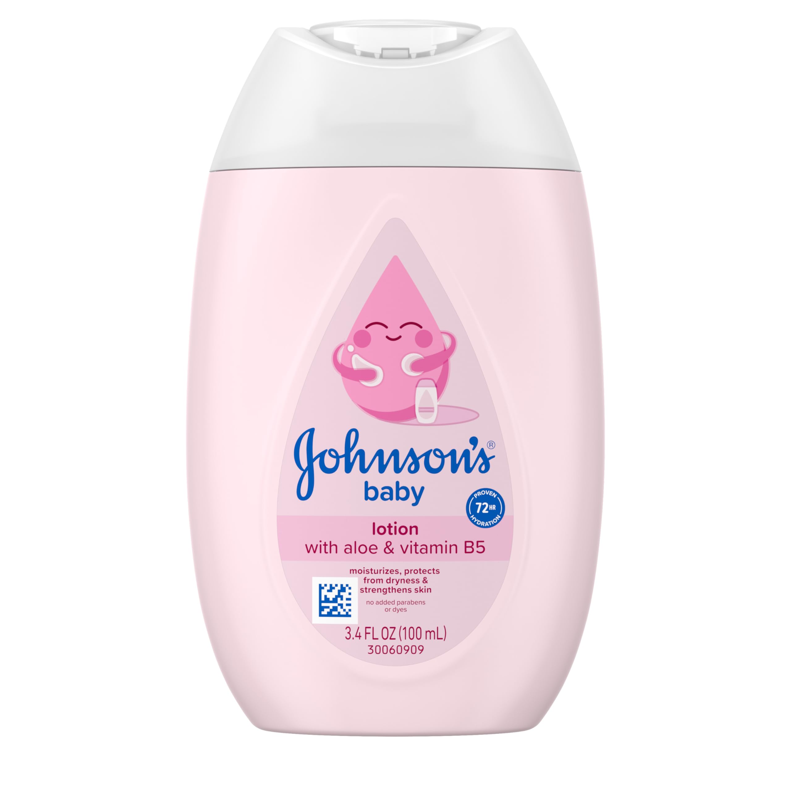 Johnson's Baby Lotion bottle closeup shows coconut oil hydration for delicate newborn skin.