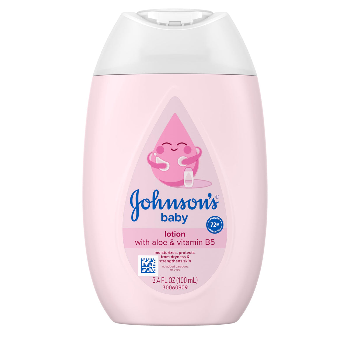 Johnson's Baby Lotion bottle closeup shows coconut oil hydration for delicate newborn skin.