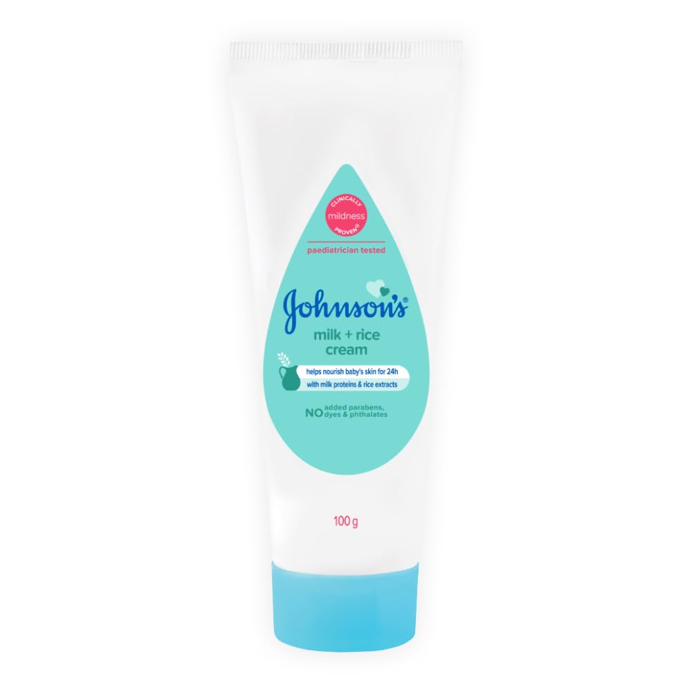 Johnson's Baby Milk and Rice Cream 100g jar supports soft, moisturized skin for newborns