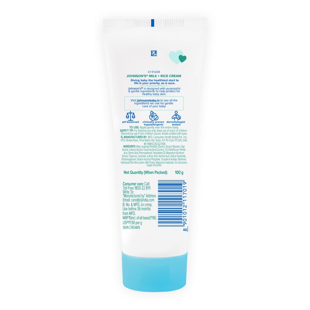 Johnson's Baby Milk and Rice Cream texture closeup shows fast-absorbing moisture for delicate skin