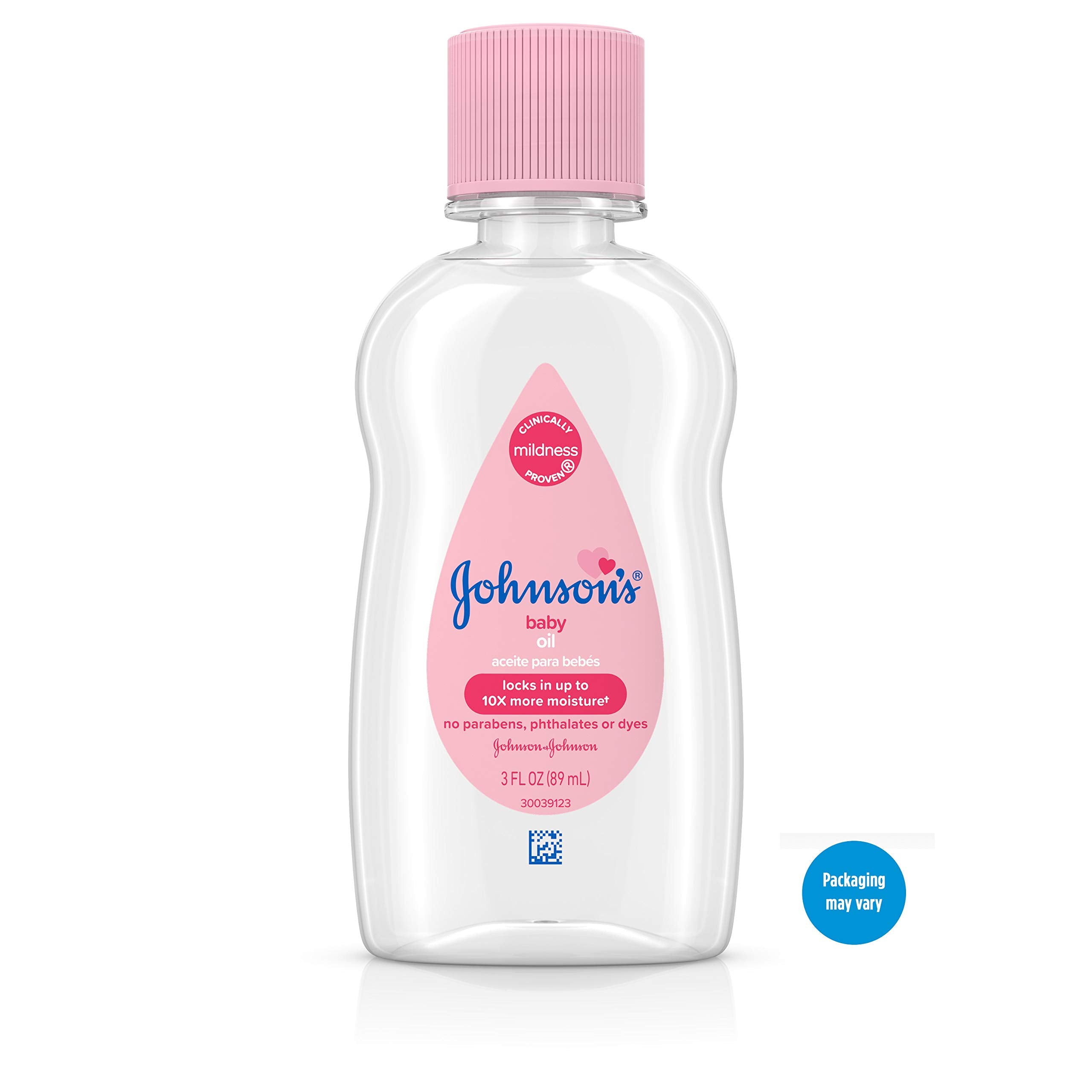 Johnson's Baby Oil bottle cap close-up emphasizes gentle, mild formula for delicate skin.