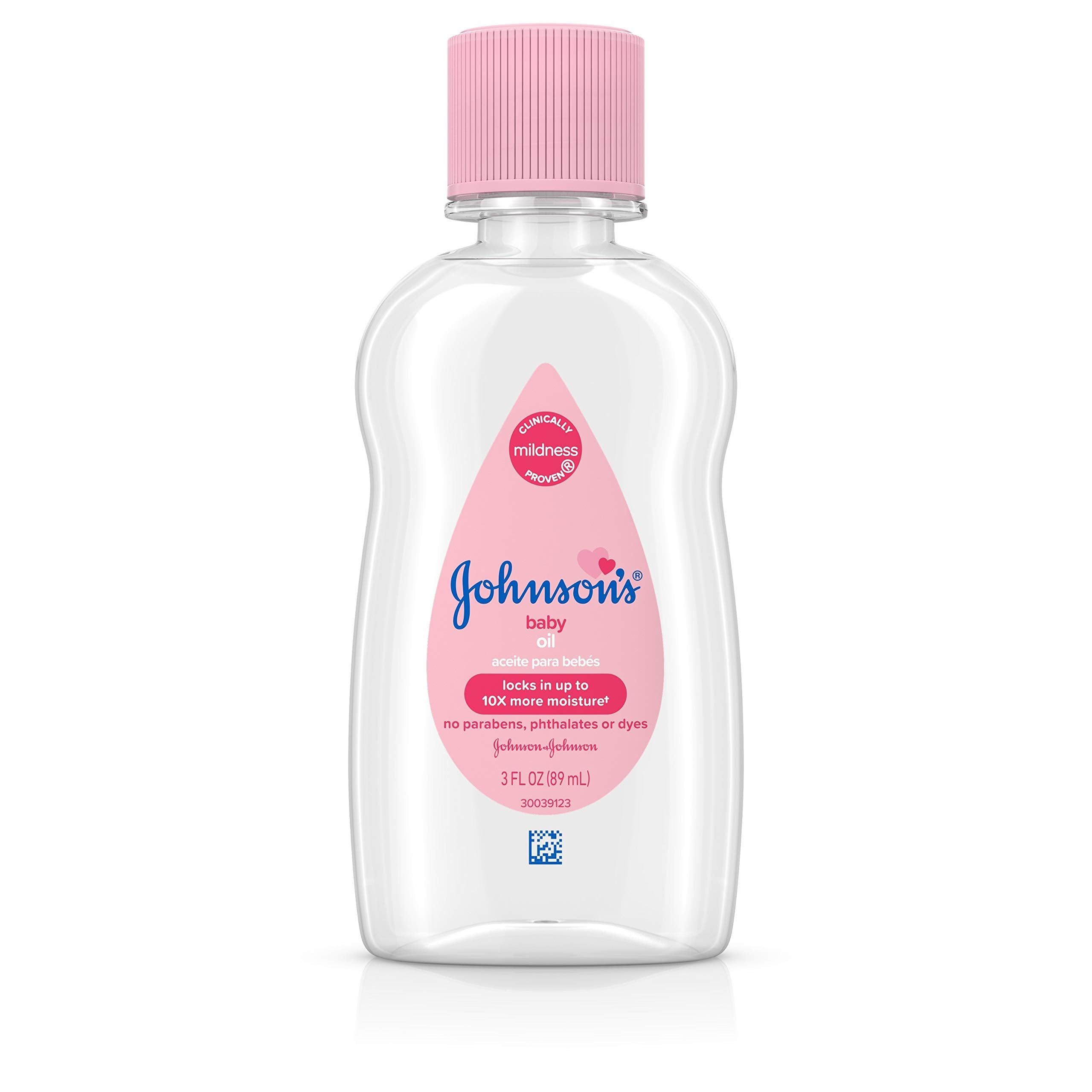 Johnson's Baby Oil bottle front view highlights pure mineral oil for moisture care.