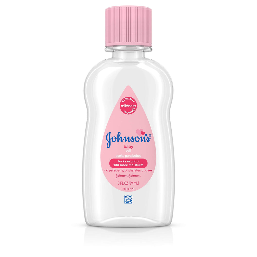 Johnson's Baby Oil bottle front view highlights pure mineral oil for moisture care.