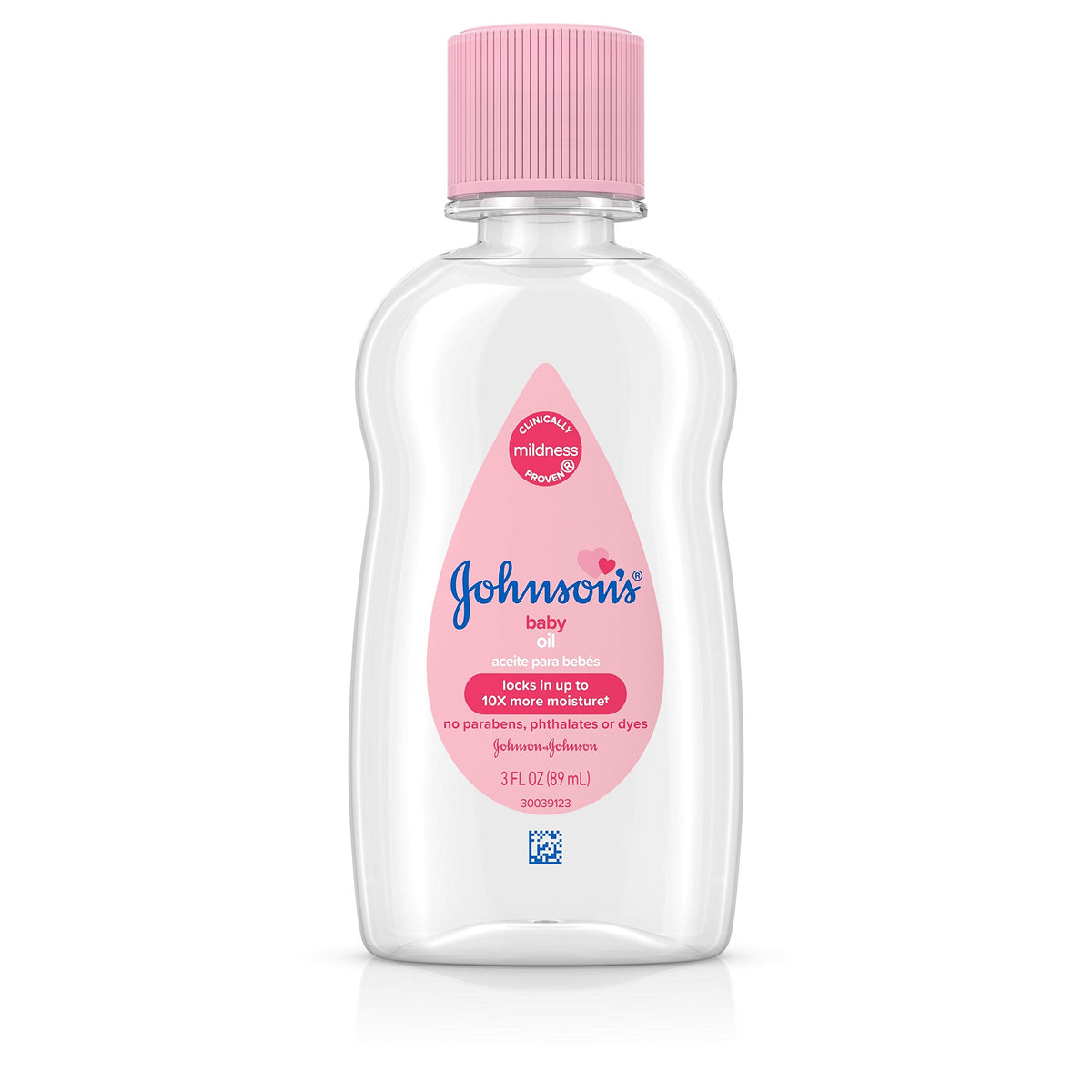 Johnson's Baby Oil bottle front view highlights pure mineral oil for moisture care.
