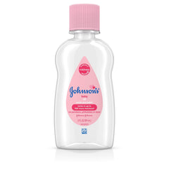 Johnson's Baby Oil bottle front view highlights pure mineral oil for moisture care.