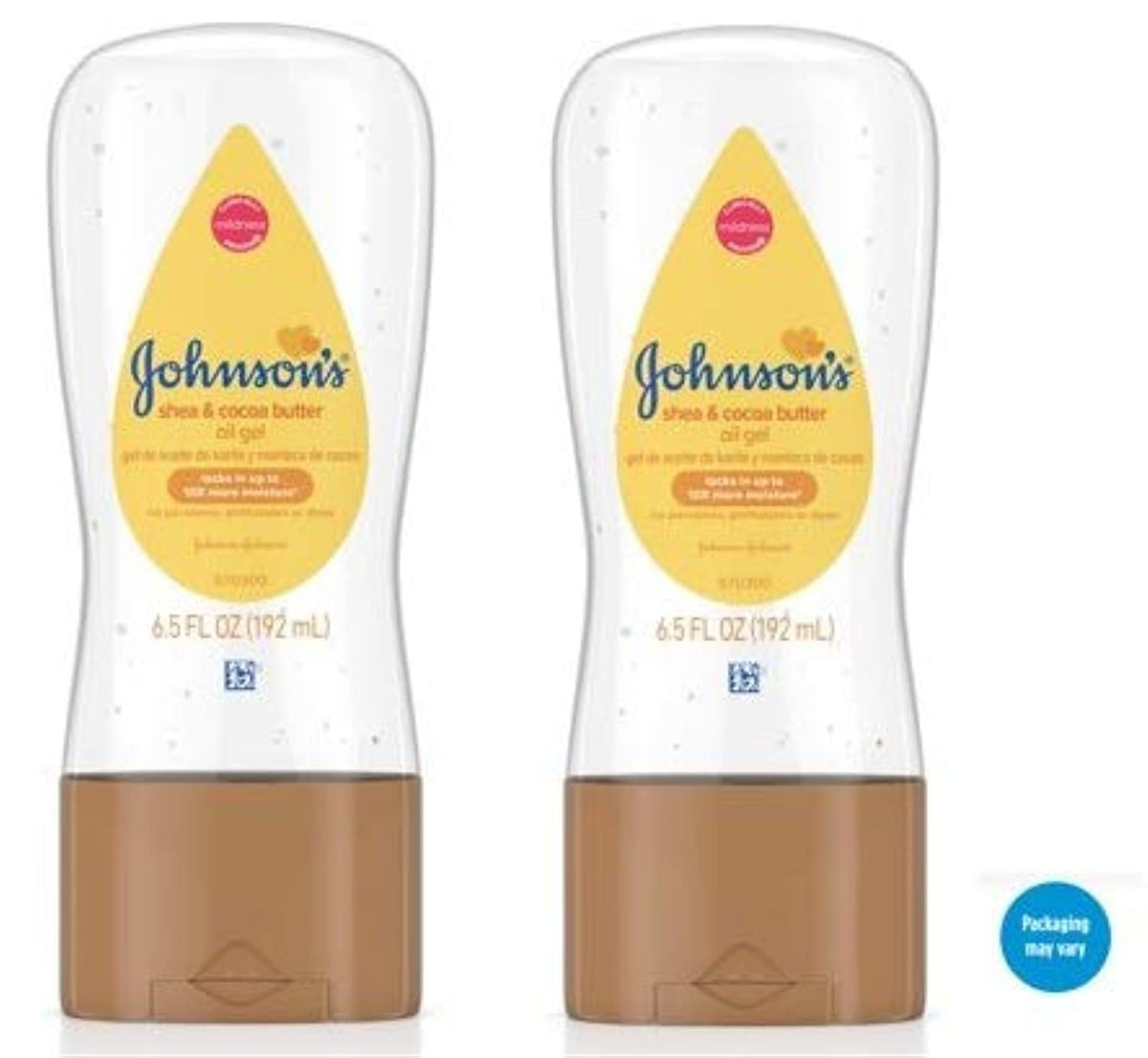 Johnson's Baby Oil Gel with Shea & Cocoa Butter bottle moisturizes and nourishes skin.