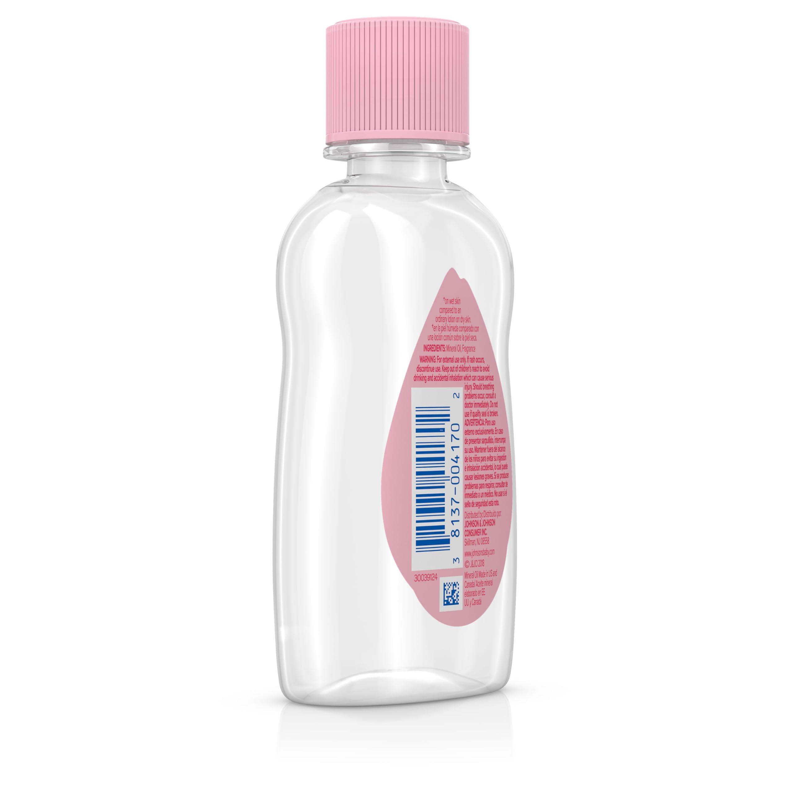 Johnson's Baby Oil hypoallergenic dermatology-tested badge closeup