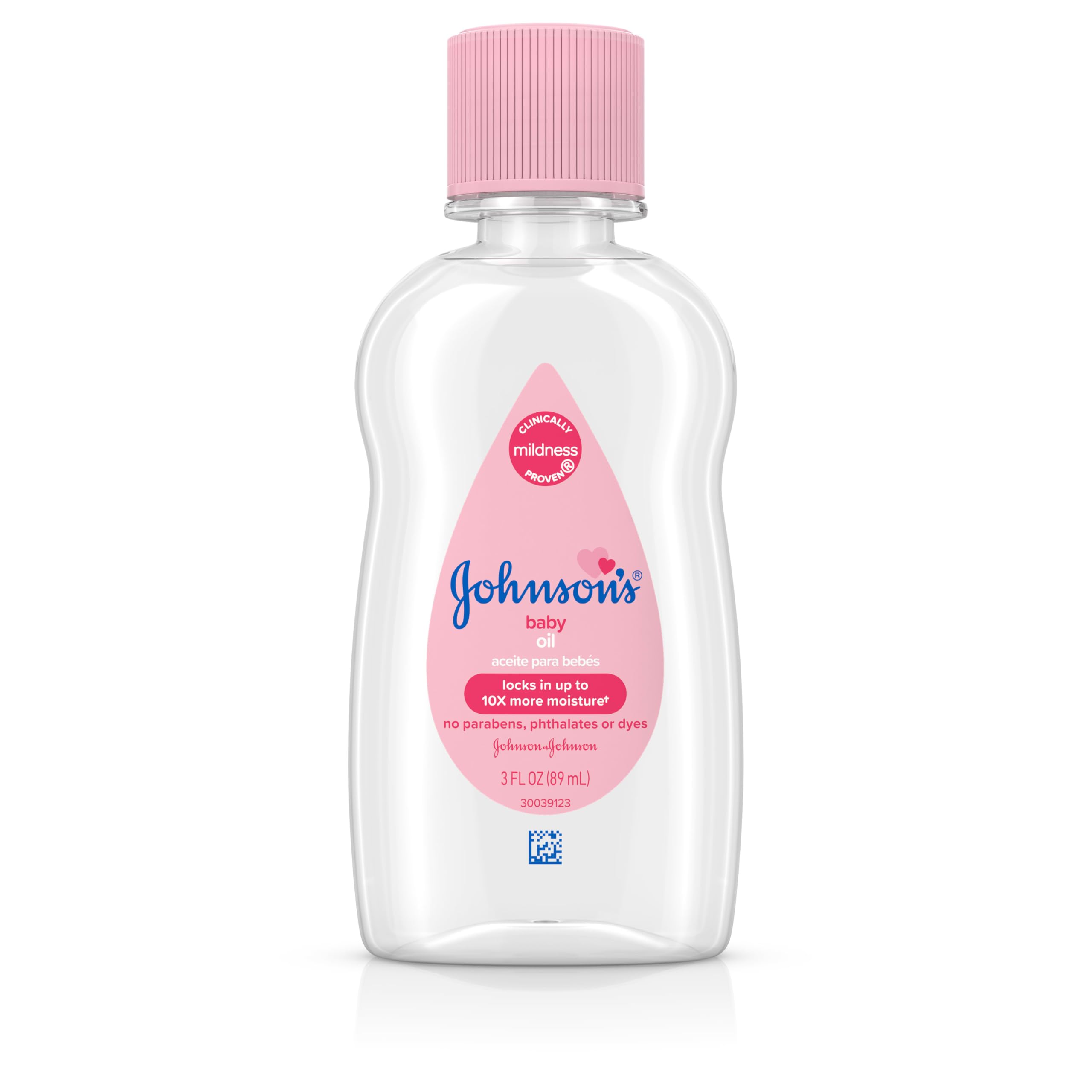 Johnson's Baby Oil bottle closeup shows the original scent for silky, hydrated skin