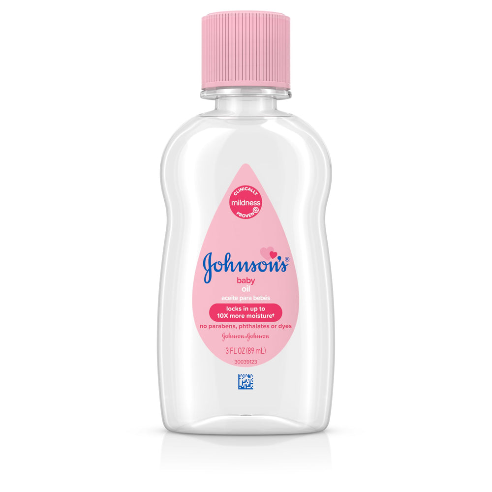 Johnson's Baby Oil bottle closeup shows the original scent for silky, hydrated skin