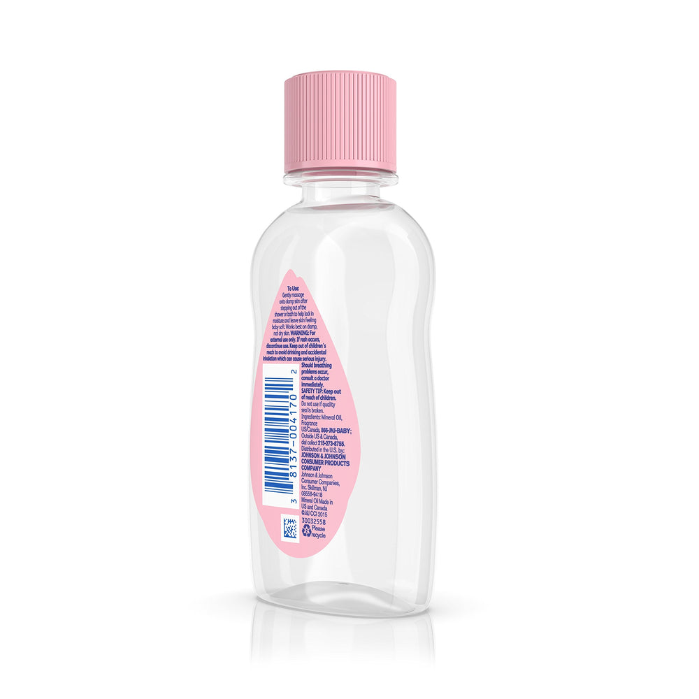 Johnson's Baby Oil pour action demonstrates easy spreading for quick moisture lock.