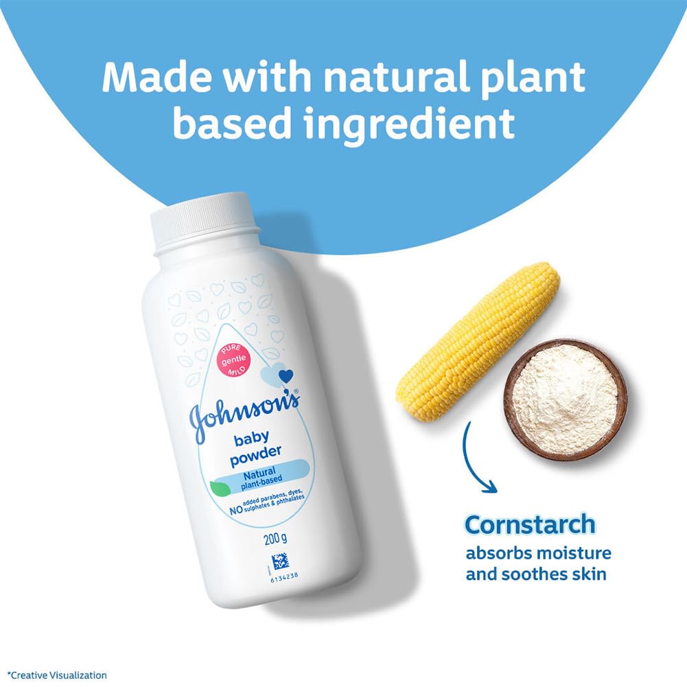 Johnson's Baby Powder 400g jar back label with gentle-use guidance for parents.