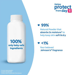 Johnson's Baby Powder 400g jar side view shows compact size for on-the-go routine.