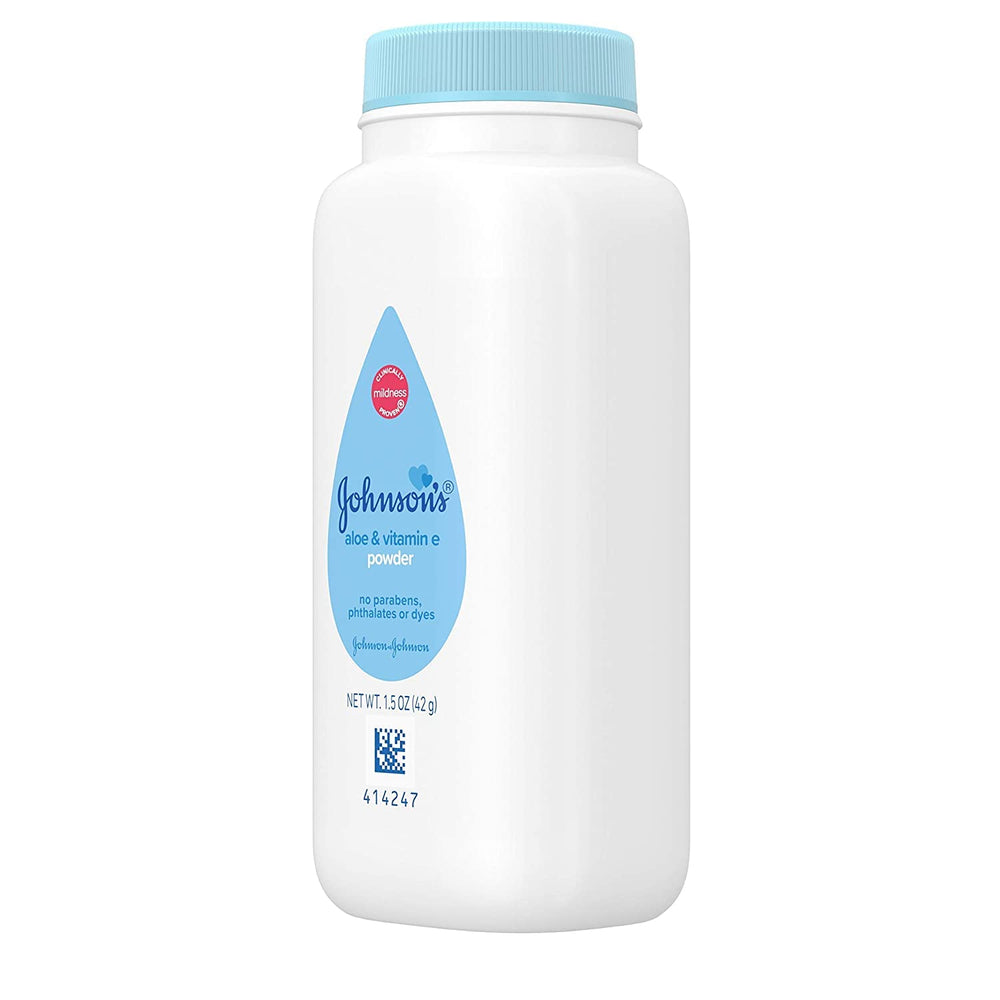 Johnson's Baby Powder with aloe and vitamin E highlights skin-softening, hypoallergenic care