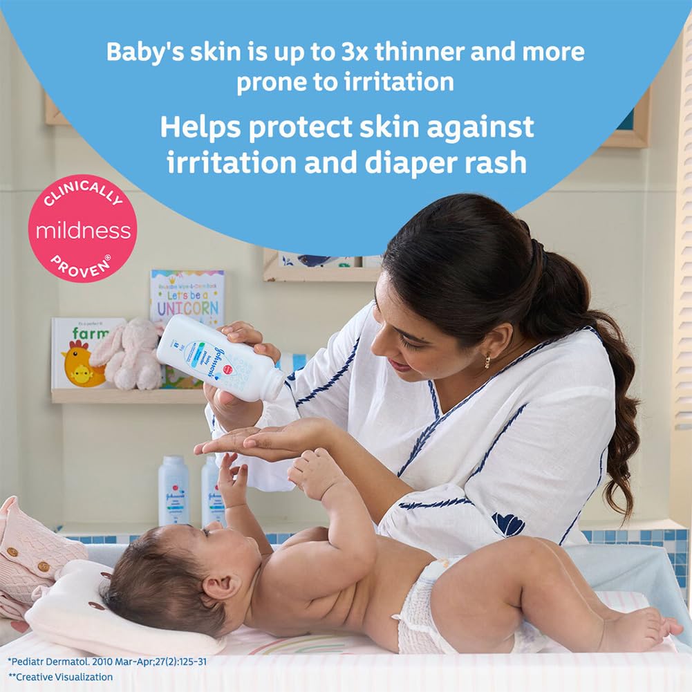 Johnson's Baby Powder being applied to skin after bath for a soft, dry feel.