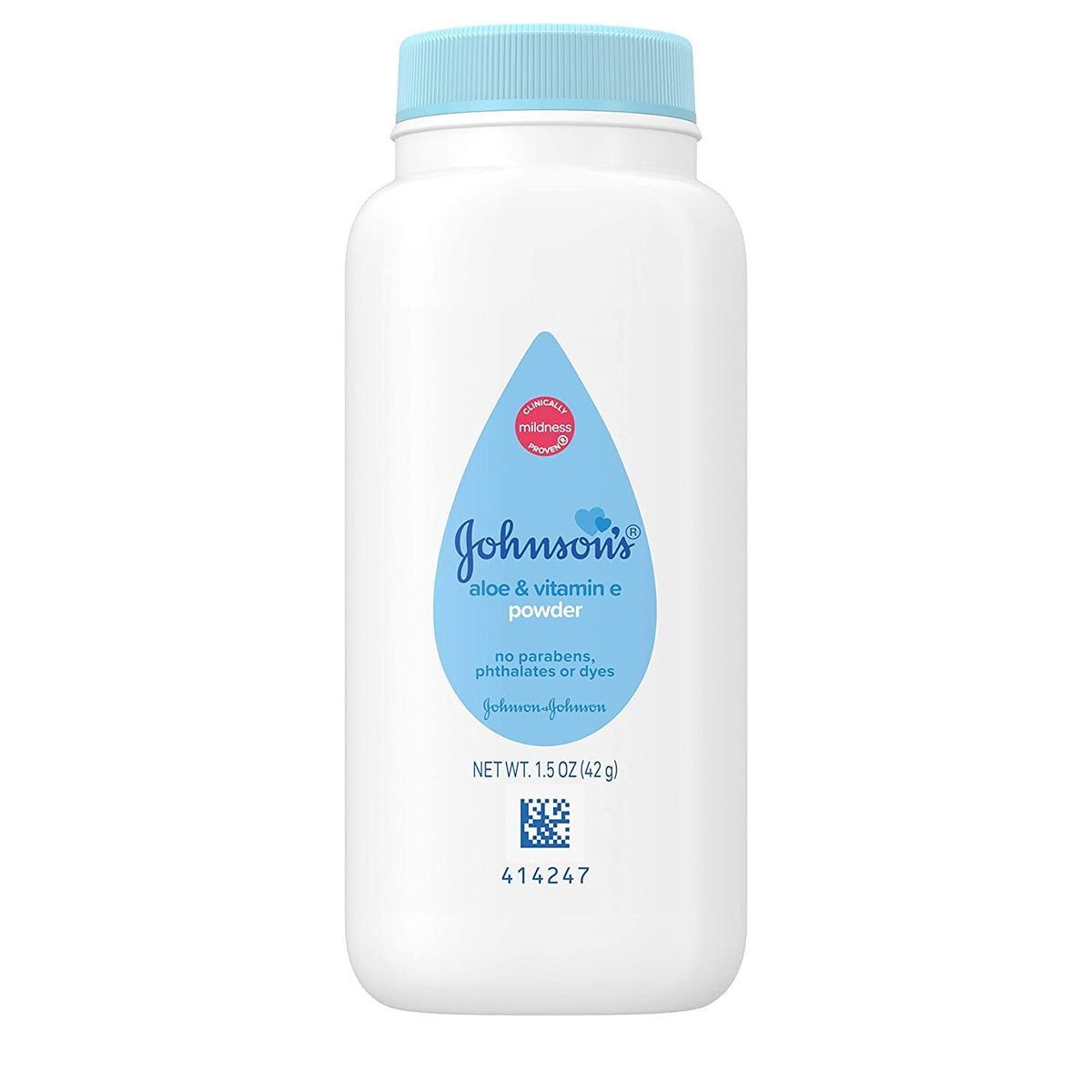Johnson's Baby Powder trial-size bottle closeup emphasizing moisture absorption on the go
