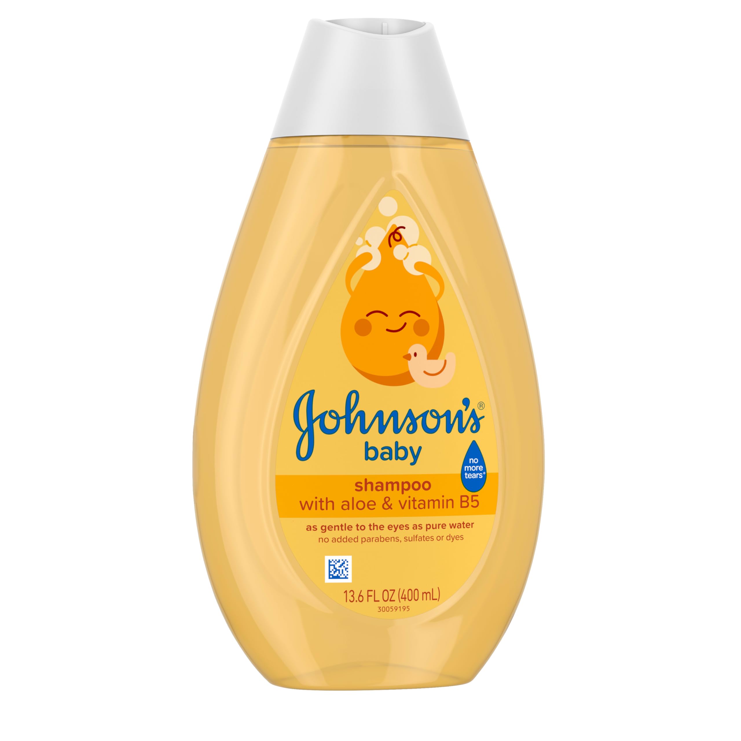 Johnson's Baby Shampoo bottle label communicates no parabens, sulfates, or dyes for gentler care.