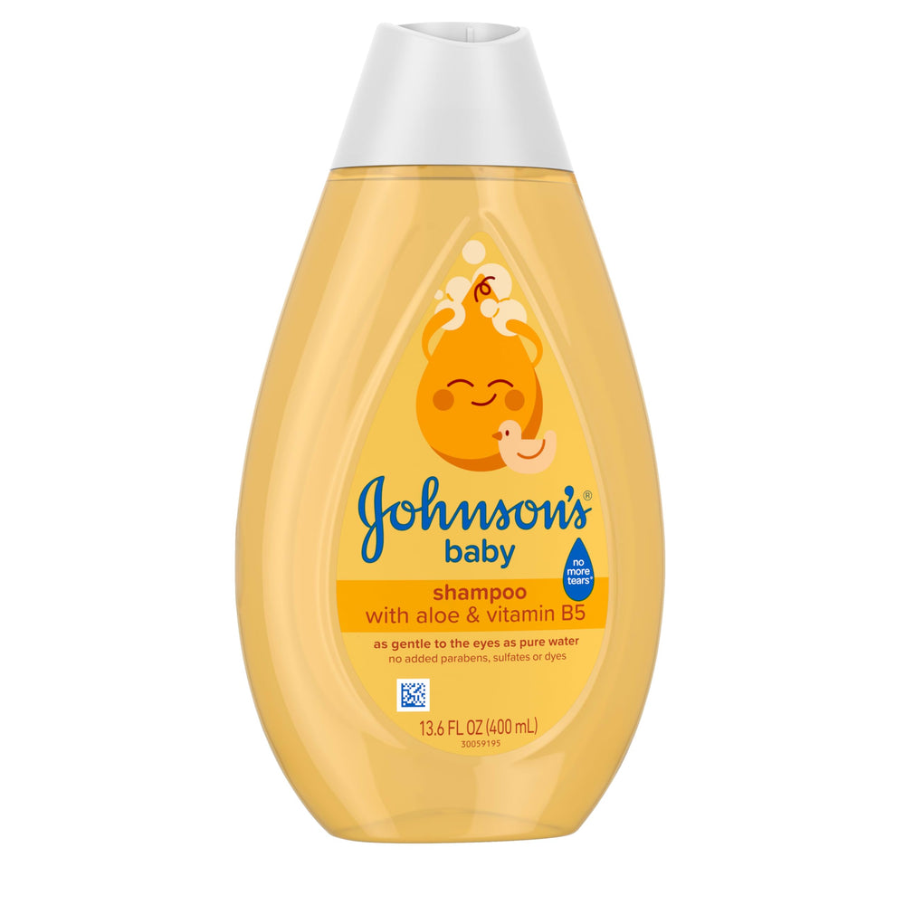 Johnson's Baby Shampoo bottle label communicates no parabens, sulfates, or dyes for gentler care.