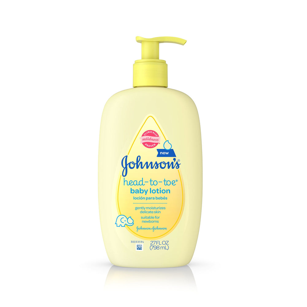 Johnson's Head-to-Toe Baby Lotion bottle aids gentle daily moisturization for newborn skin.