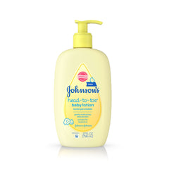 Johnson's Head-to-Toe Baby Lotion bottle aids gentle daily moisturization for newborn skin.