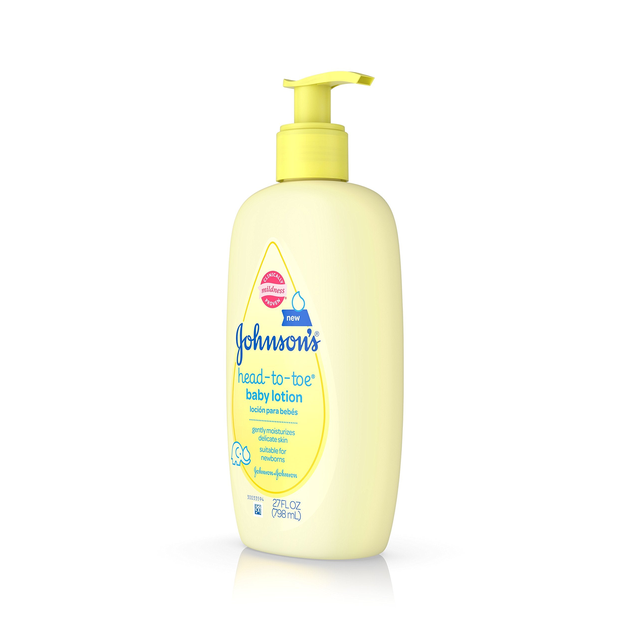 Johnson's Head-to-Toe Baby Lotion free-from parabens and dyes supports gentle care.