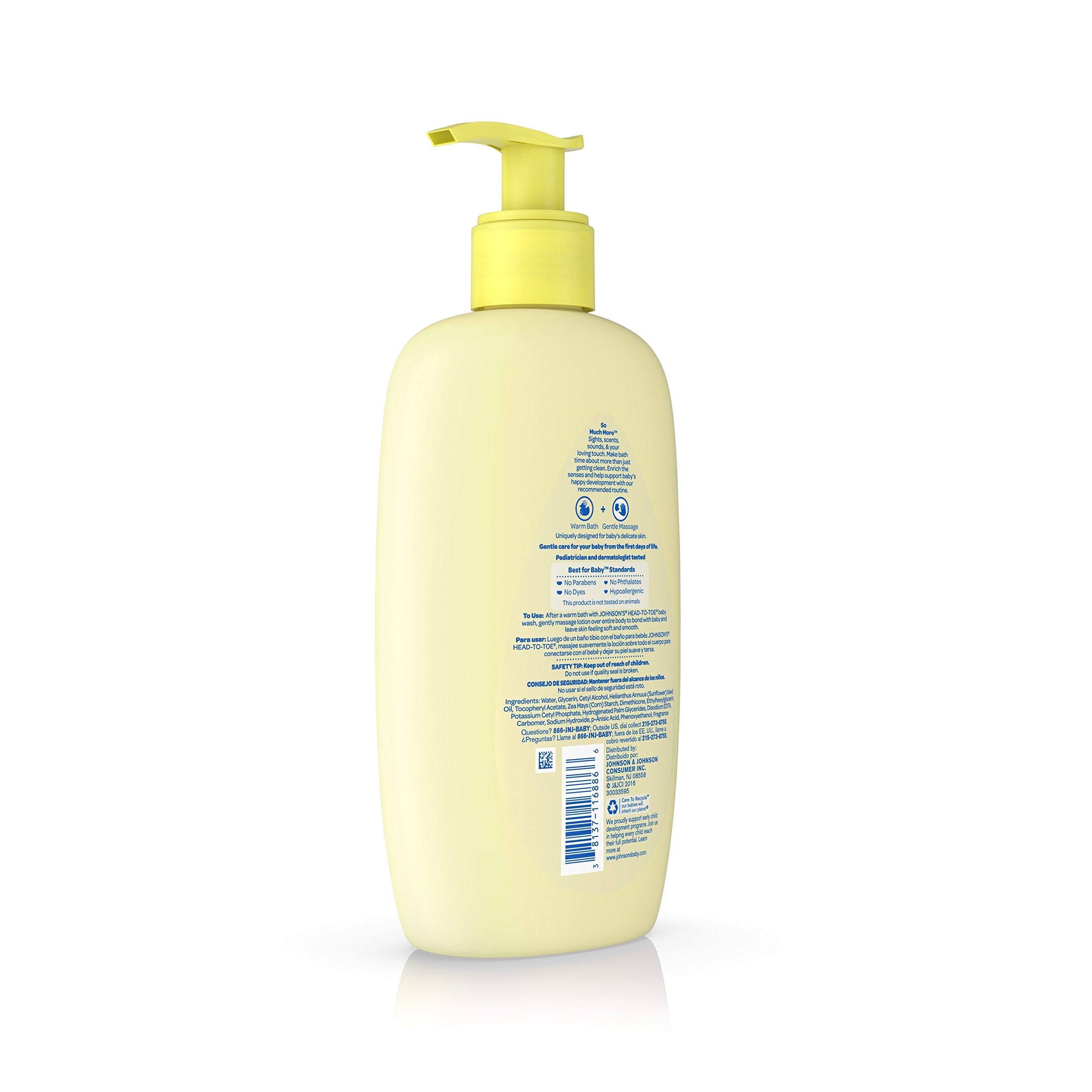 Johnson's Head-to-Toe Baby Lotion pediatrician-tested label communicates trusted gentle care.