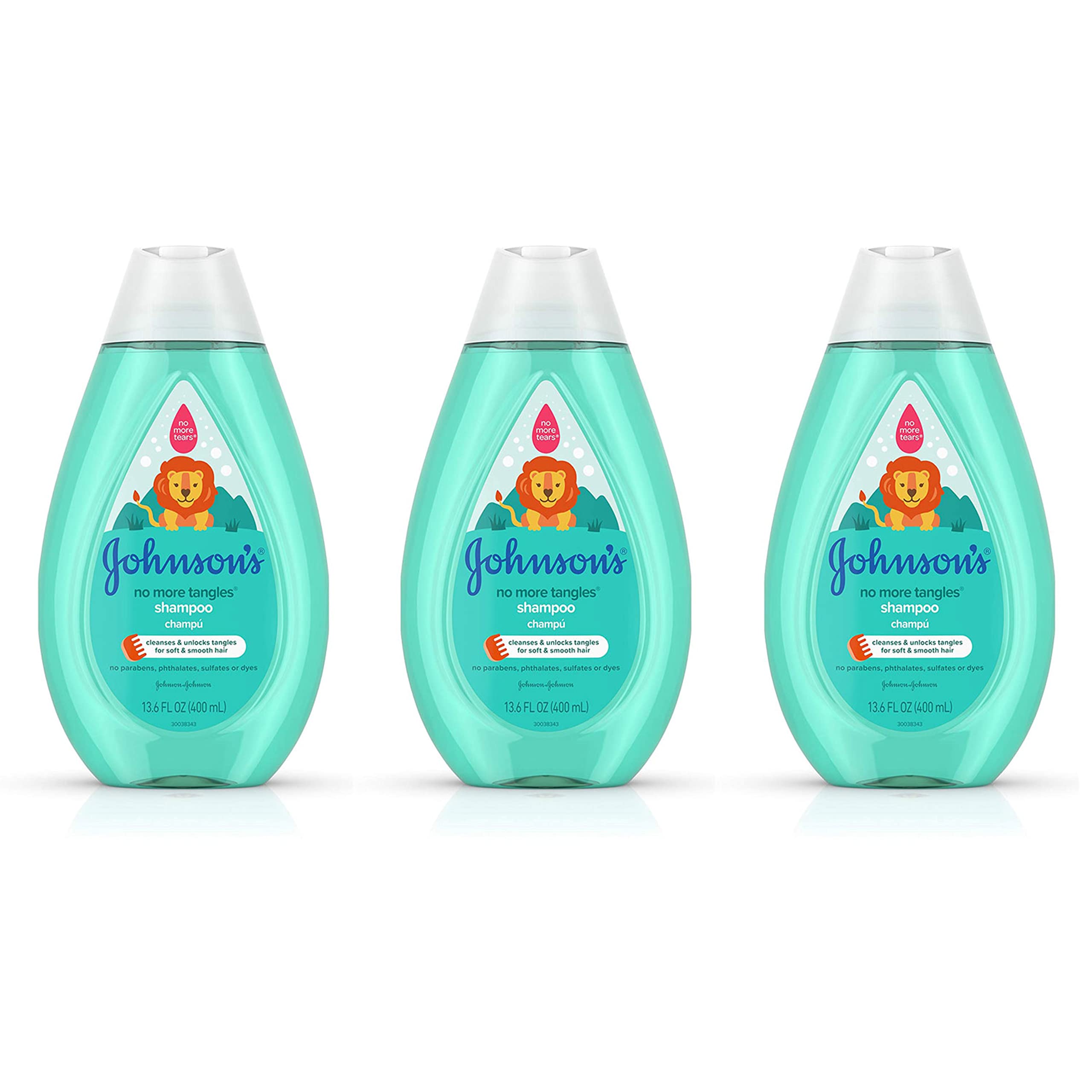 Johnson's No More Tangles Shampoo 3-pack bottles demonstrate hassle-free detangling for kids.