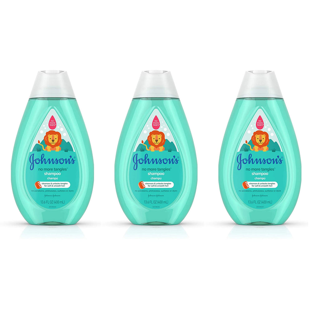 Johnson's No More Tangles Shampoo 3-pack bottles demonstrate hassle-free detangling for kids.