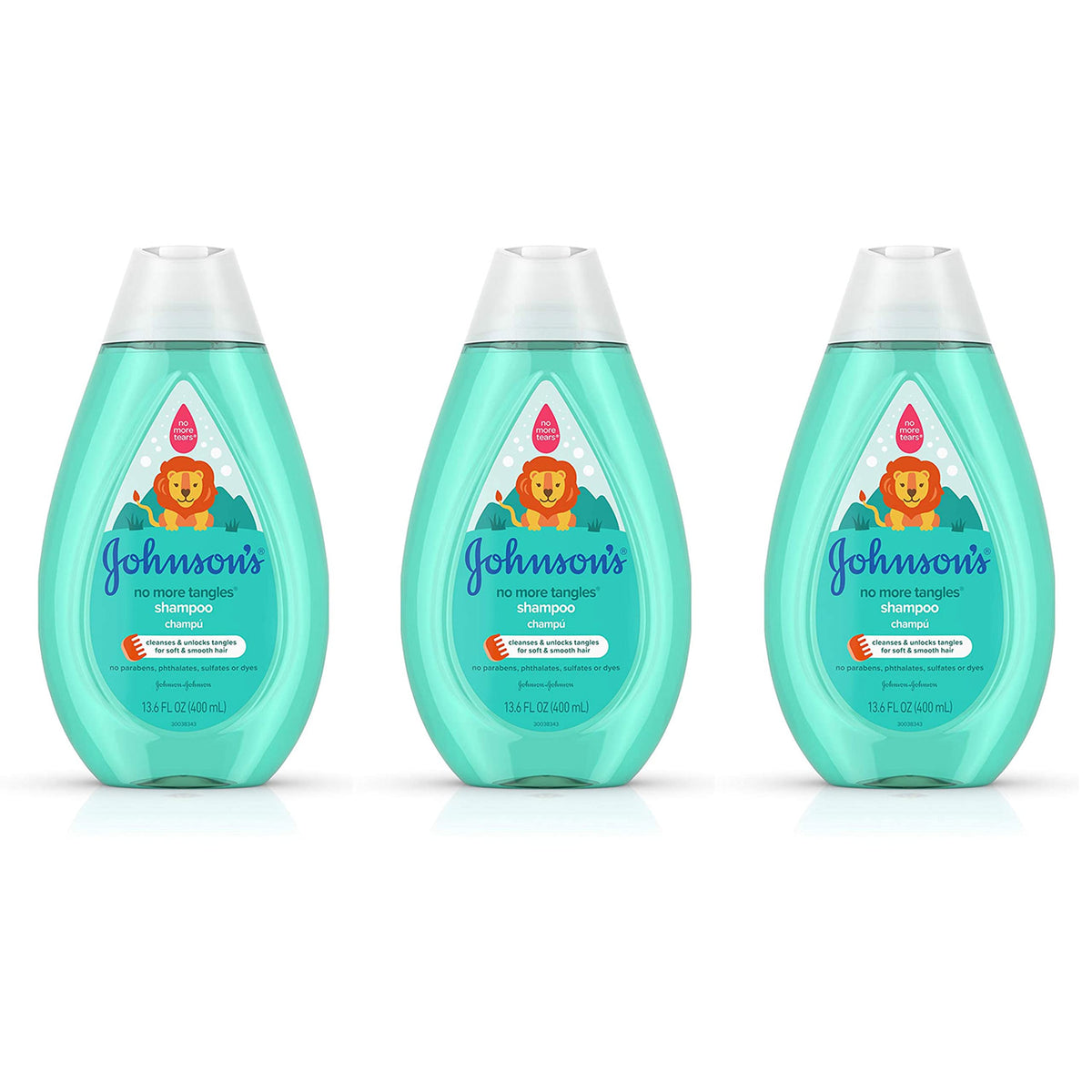 Johnson's No More Tangles Shampoo 3-pack bottles demonstrate hassle-free detangling for kids.