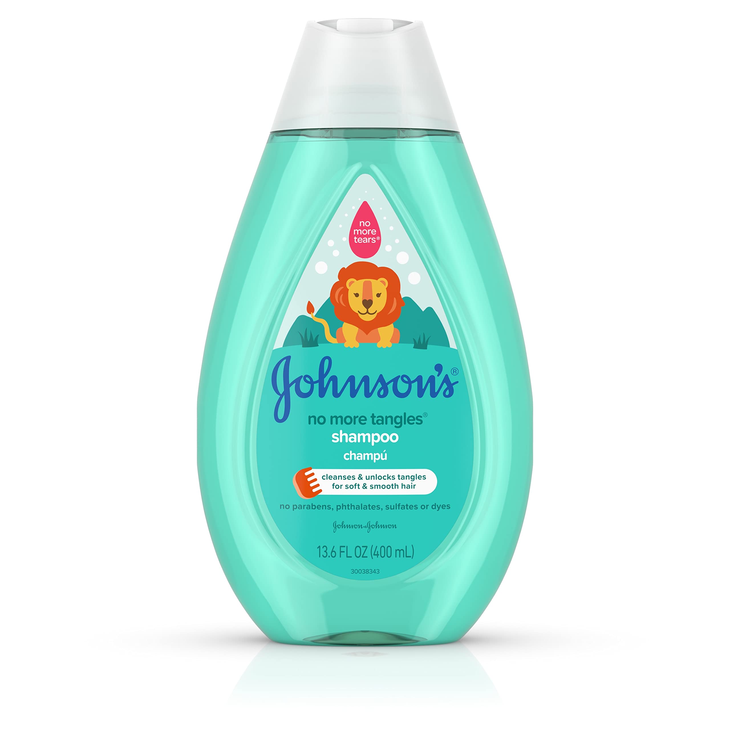 Johnson's No More Tangles Shampoo bottle front emphasizes gentle, tear-free formula for little eyes.