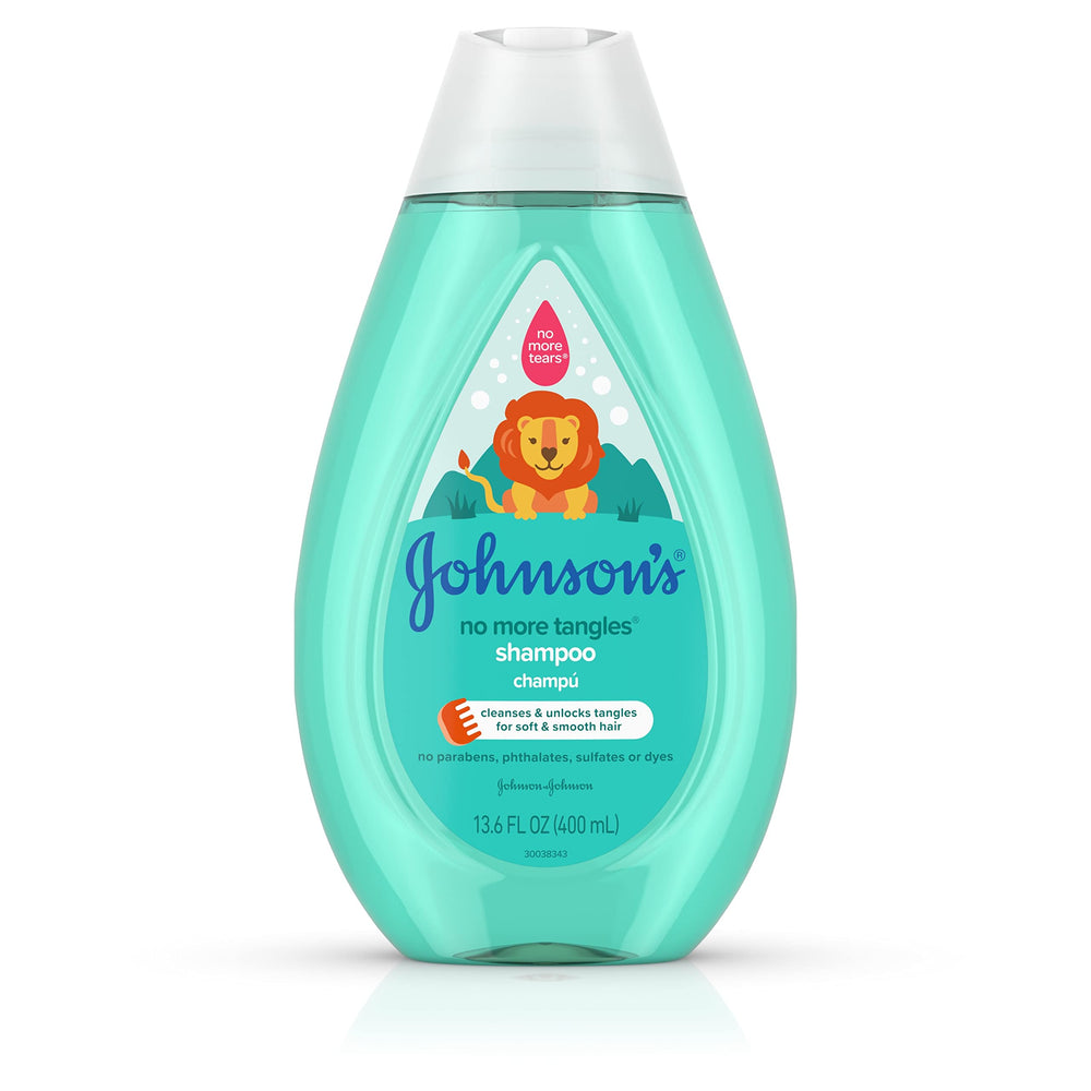 Johnson's No More Tangles Shampoo bottle front emphasizes gentle, tear-free formula for little eyes.