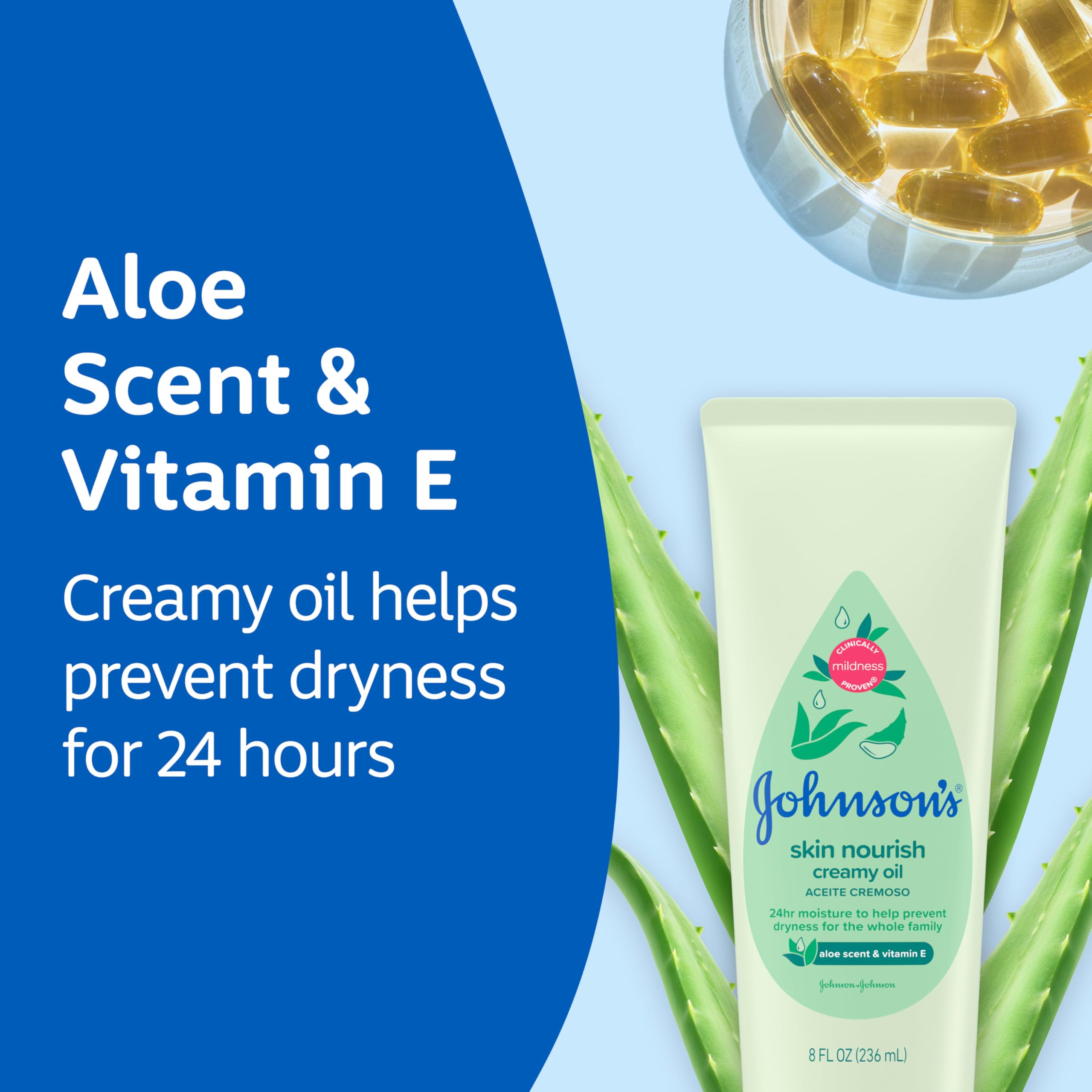 Johnson's Skin Nourish hypoallergenic formula is gentle on sensitive baby skin.