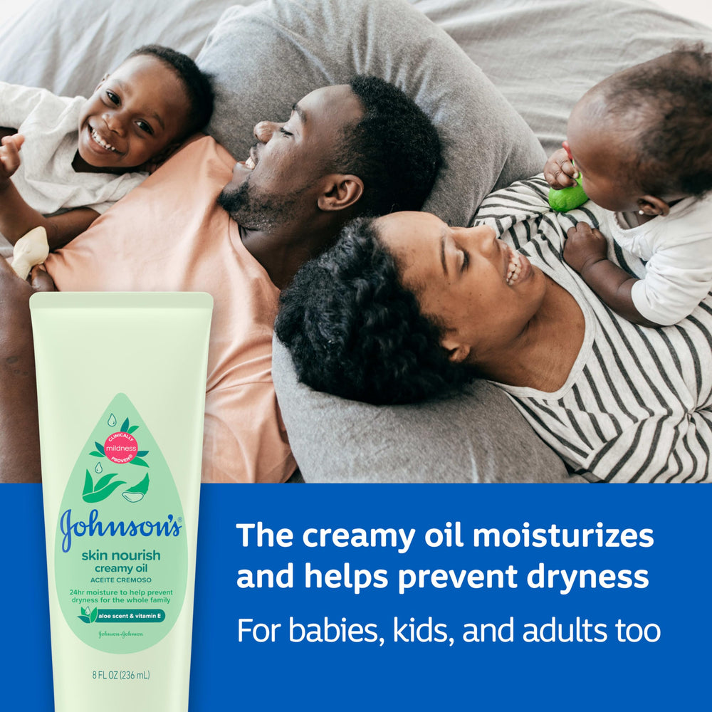 Johnson's Creamy Oil with vitamin E nourishes skin for up to 24 hours.