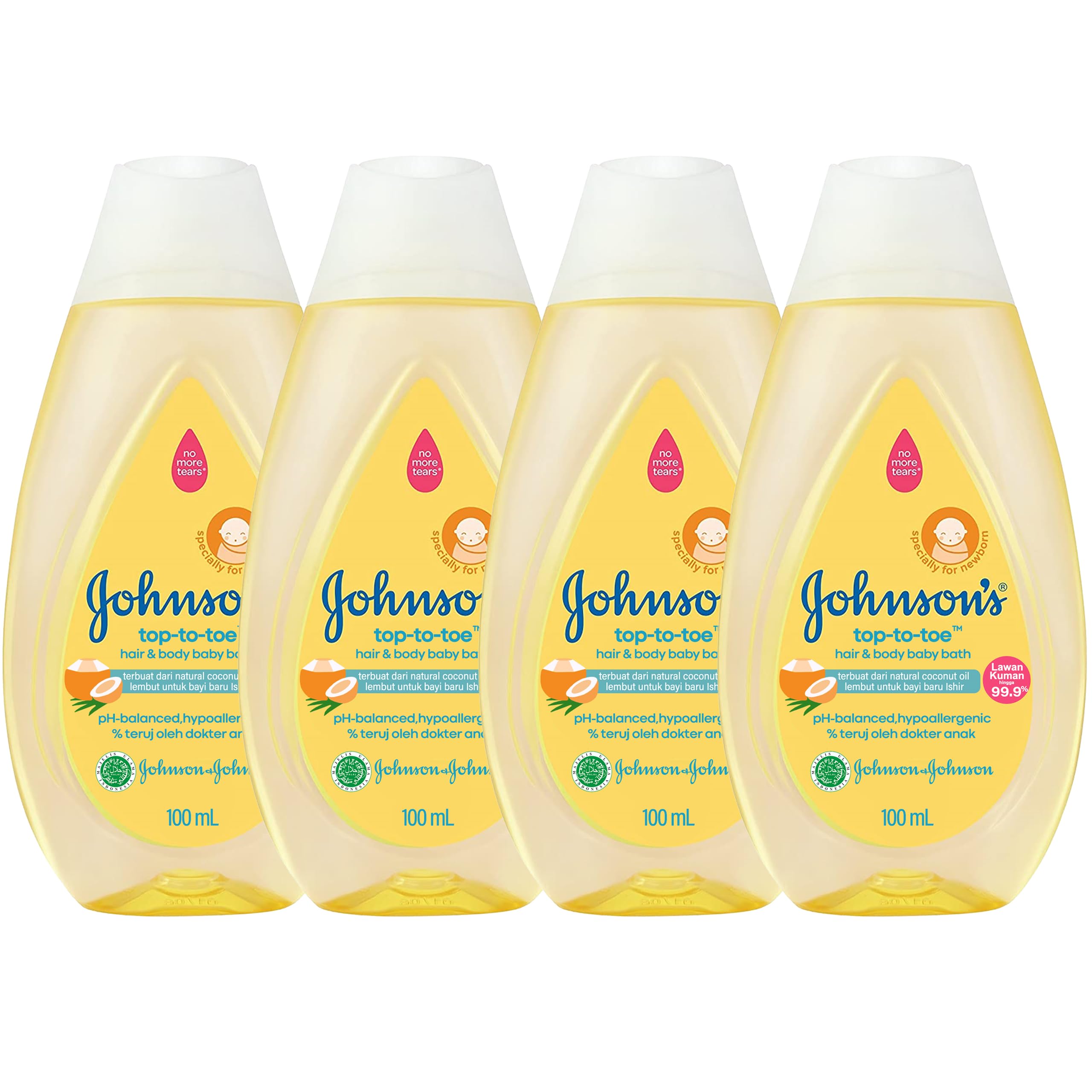 Johnson's Top-to-Toe baby wash travel bottles lined up for on-the-go cleansing.