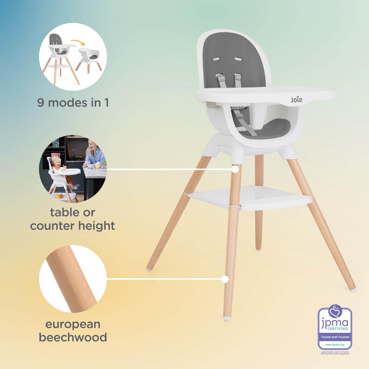 Joie Chai table-height option enables convenient family meals.