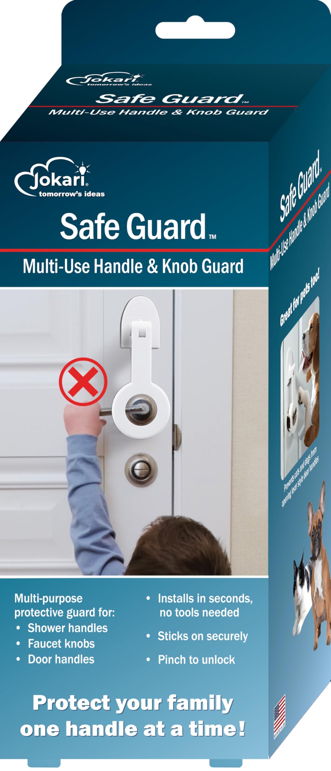 Jokari child safety guard on a sink knob helps prevent unsupervised access.