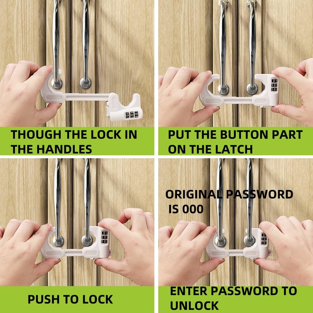 Jola's House locks adapt to 2-3.7 inch handles for kitchen or bathroom cabinets.