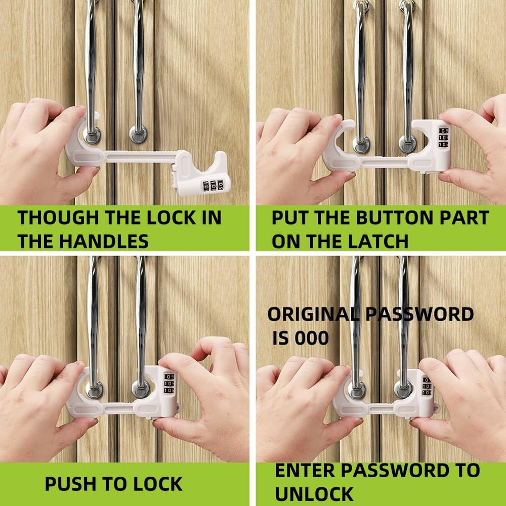 Jola's House locks adapt to 2-3.7 inch handles for kitchen or bathroom cabinets.