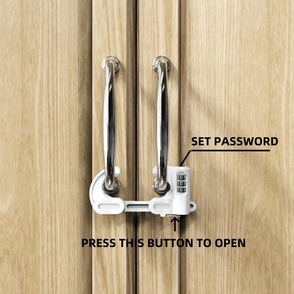Jola's House cabinet locks with code button for added kid-safe control.