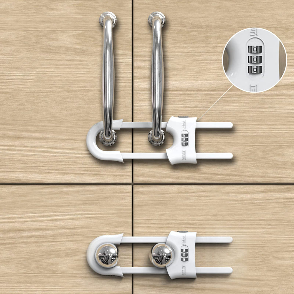 Jola's House sliding cabinet locks front view in white, showcasing four-pack safety for cabinets.