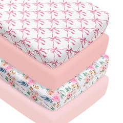 Jola's House bow crib sheets pack shows four colors for soft baby comfort.