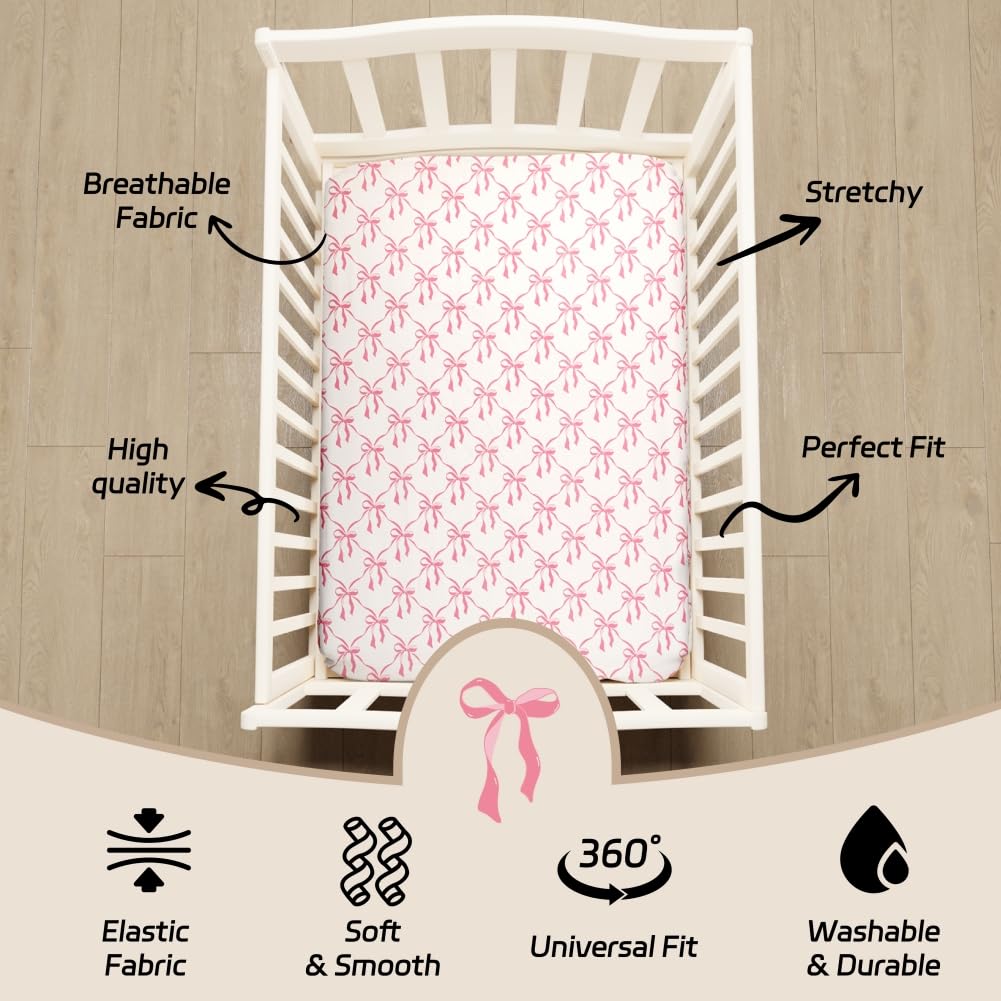 Jola's House bow crib sheets fit standard crib mattresses securely.