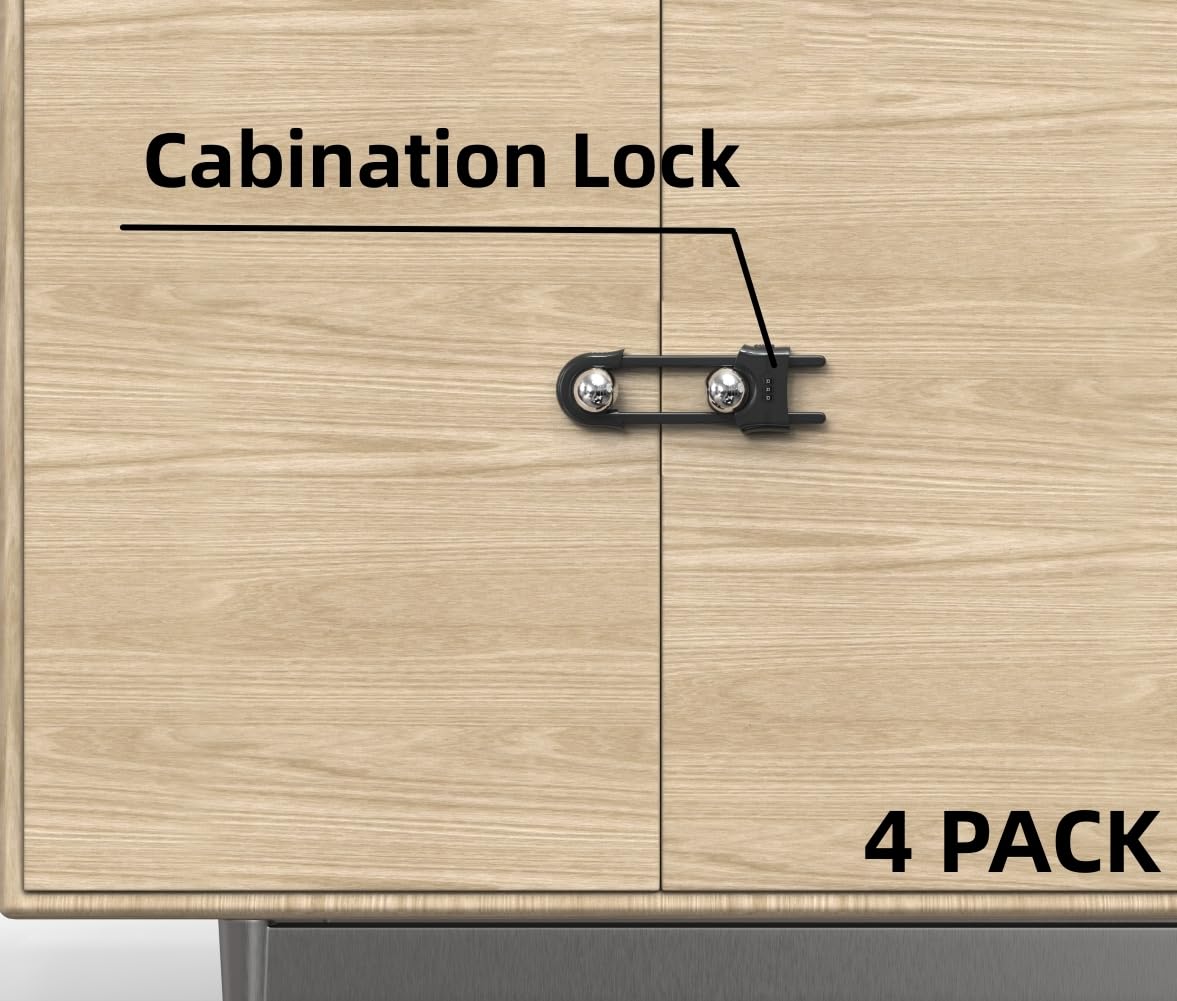 Jola's House sliding cabinet locks close-up illustrates easy press-to-unlock operation.