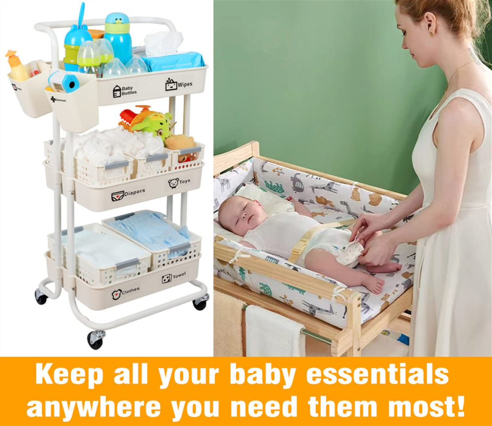 JOLEAD 3-tier rolling cart with wheels for easy nursery mobility.