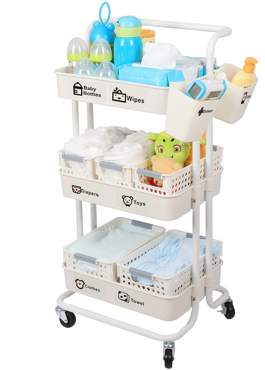 JOLEAD diaper cart with storage baskets and hanging cups for organized nursery tasks.